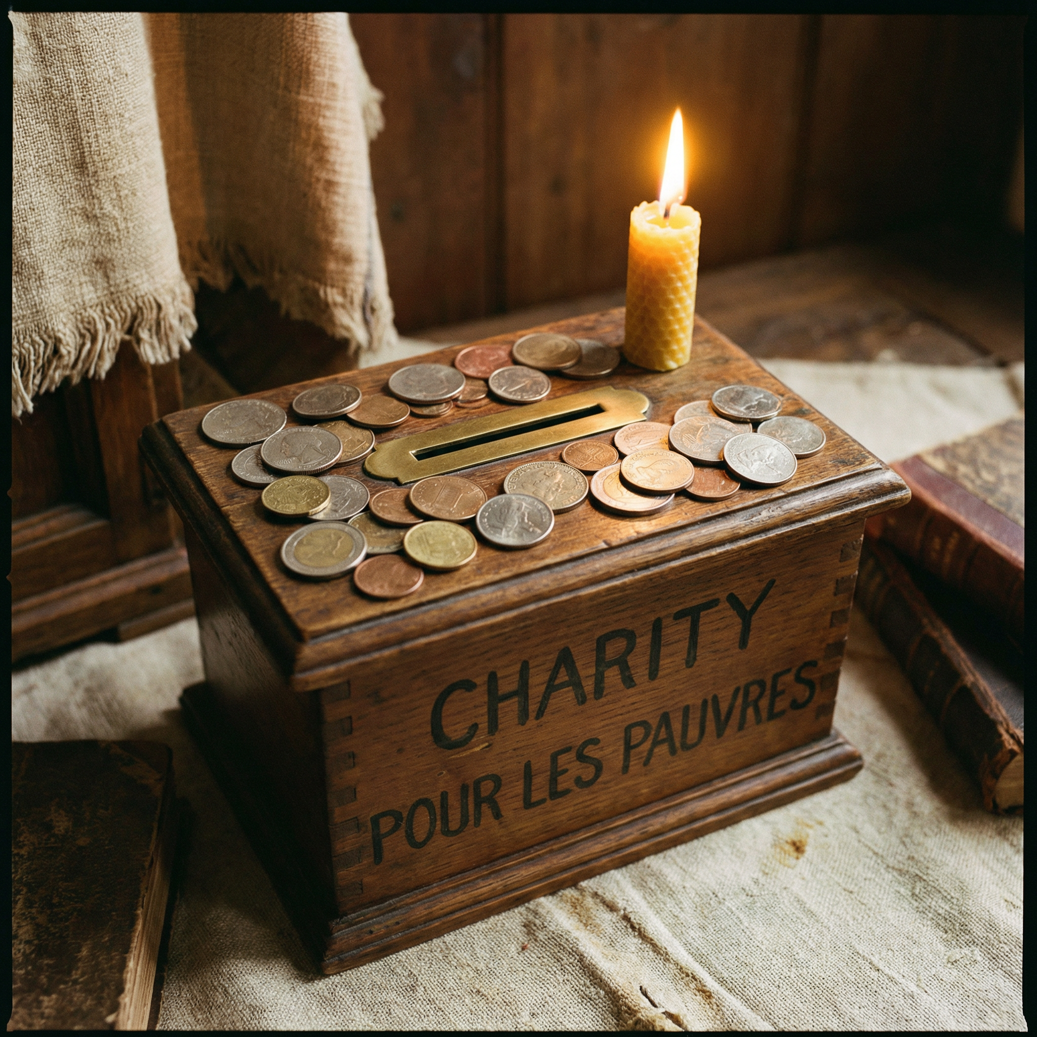 Donation box with candle and old coins